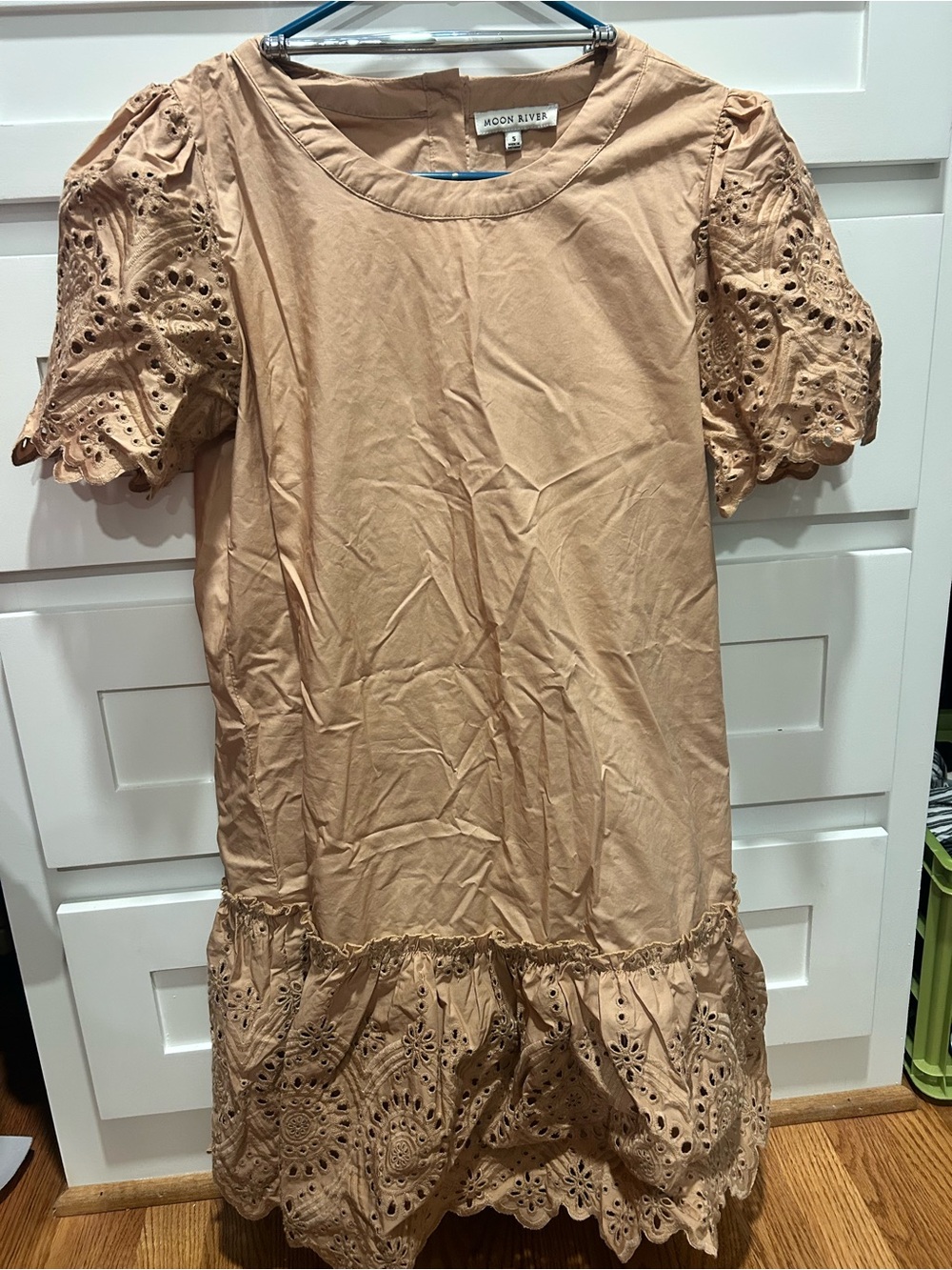 Moon River Beige Eyelet Sleeve & Hem Dress